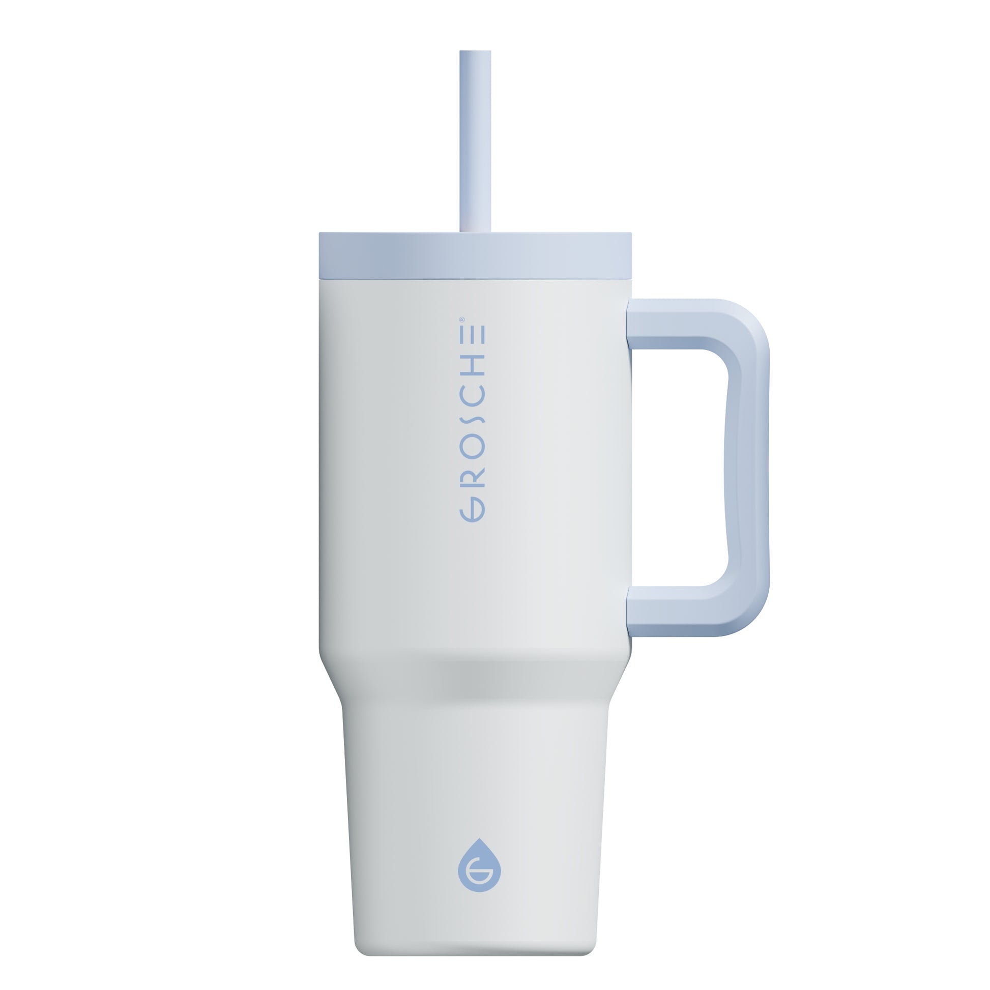 Grosche Aspen 32oz Insulated Tumbler—white with handle, blue lid, straw; vertically printed logo. ONLINE ONLY.