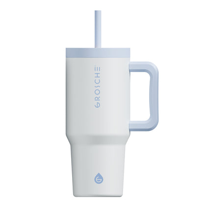 Grosche Aspen 32oz Insulated Tumbler—white with handle, blue lid, straw; vertically printed logo. ONLINE ONLY.