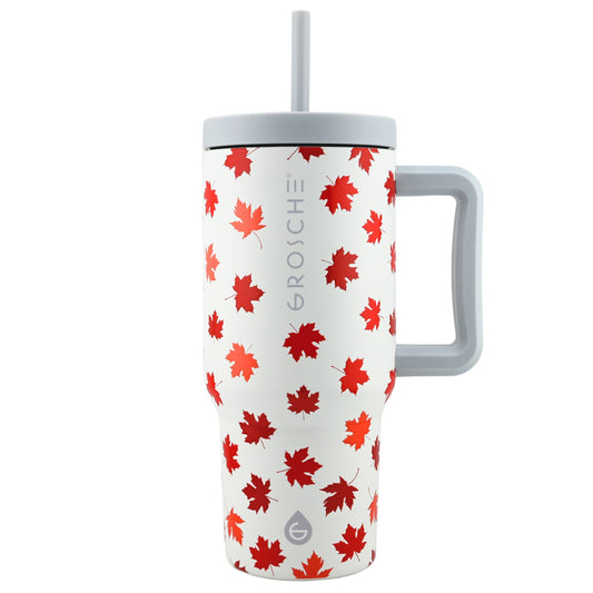 Product Image – White Grosche Aspen 32oz insulated tumbler with handle, red maple leaf, and logo. ONLINE ONLY.