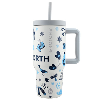Grosche Aspen 32oz insulated tumbler with blue and black winter art, gray lid, handle, and straw.