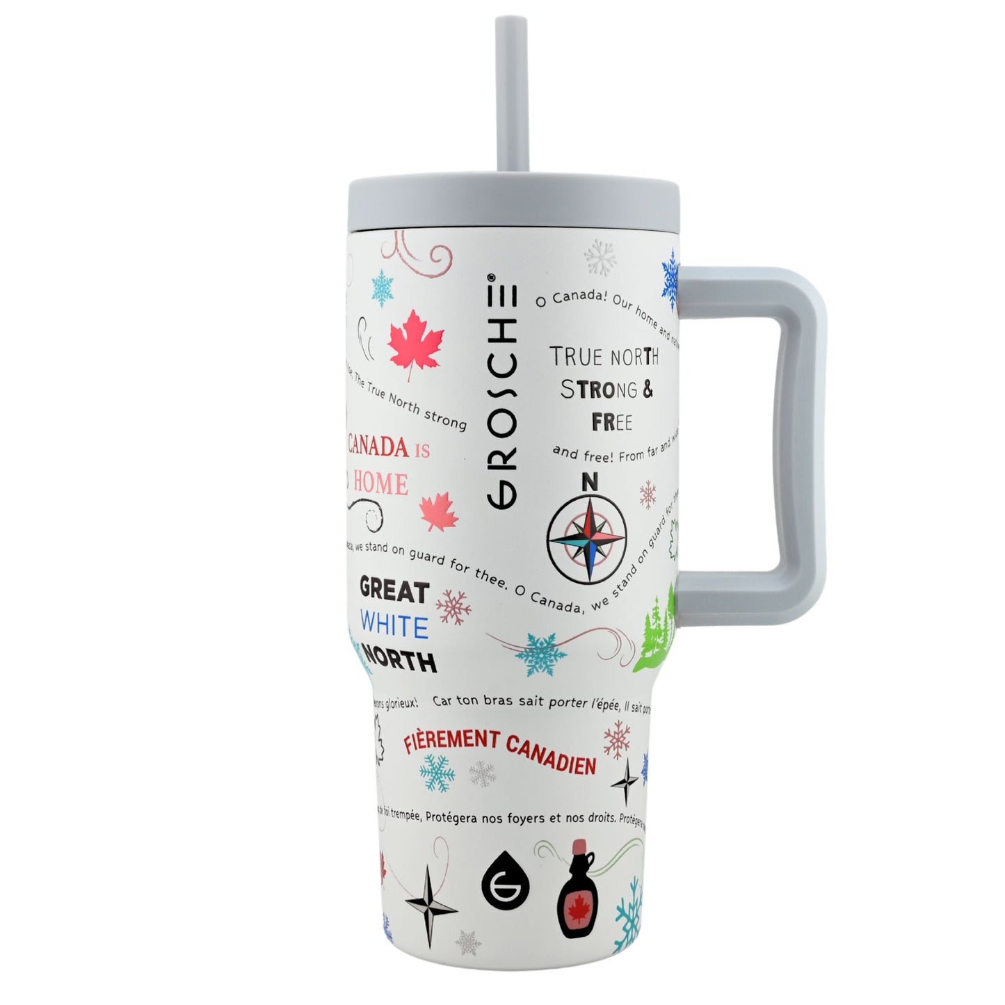 White Grosche Aspen 32oz insulated tumbler with handle, Canadian text, and colorful graphics.