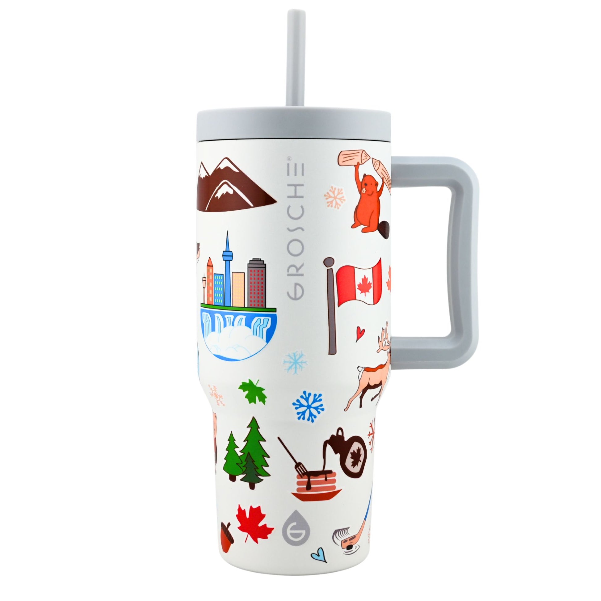Grosche Aspen 32oz insulated tumbler with Canadian designs and gray handle, ONLINE ONLY.