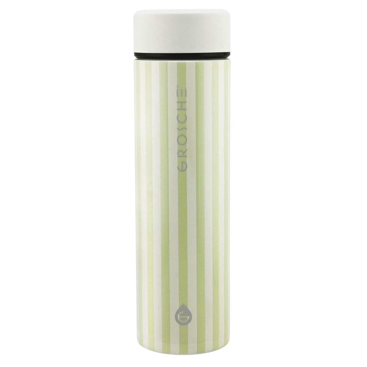 Front view of Grosche Toronto 16oz insulated flask with sage green and white vertical stripes