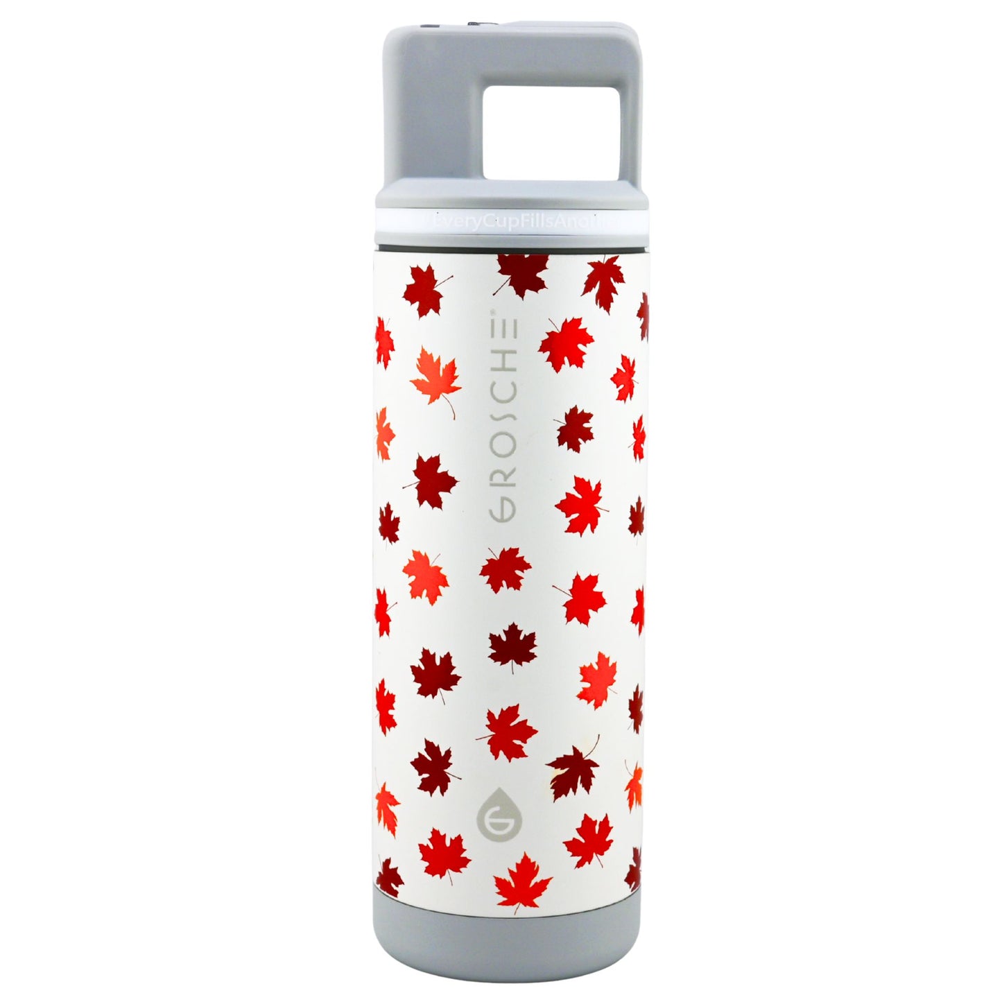 Grosche Alpine 20oz Flip 'N Sip insulated bottle, leak-proof with gray lid and maple leaf pattern.