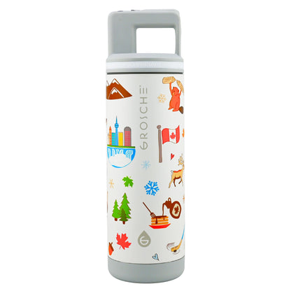 Grosche Alpine 20oz Flip 'N Sip insulated bottle, white with grey lid and Canadian-themed art. ONLINE ONLY.
