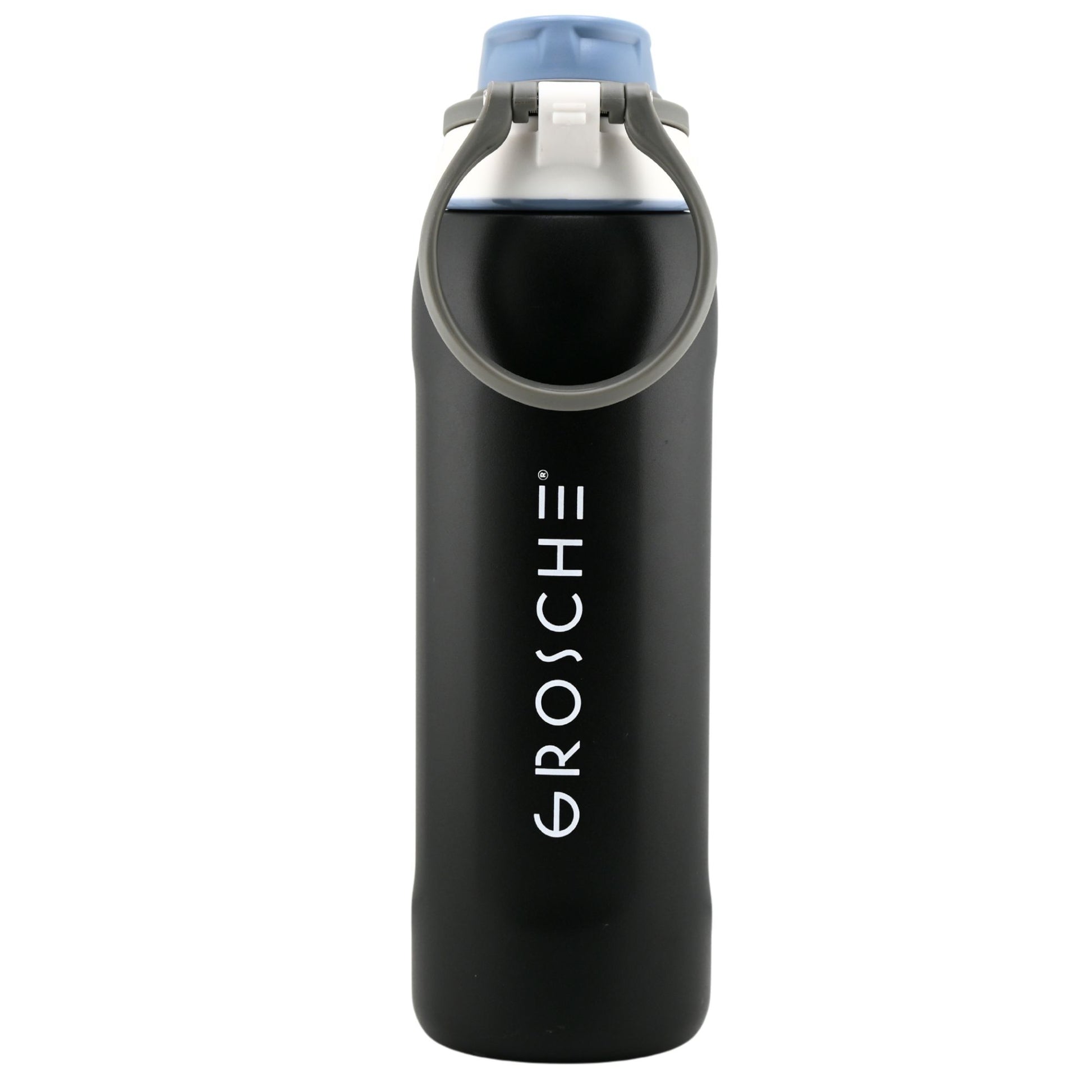 Grosche Kamloops 24oz Insulated Chug Lid Water Bottle, black, with handle and flip-top, on white background.