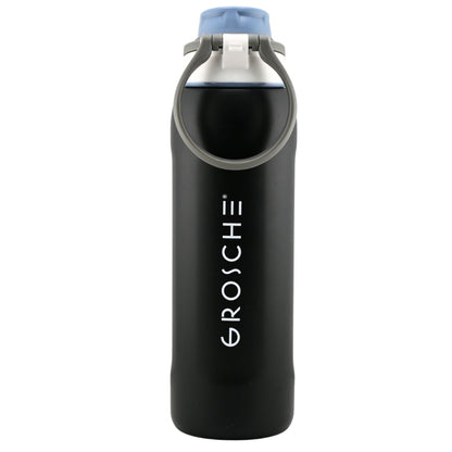 Grosche Kamloops 24oz Insulated Chug Lid Water Bottle, black, with handle and flip-top, on white background.