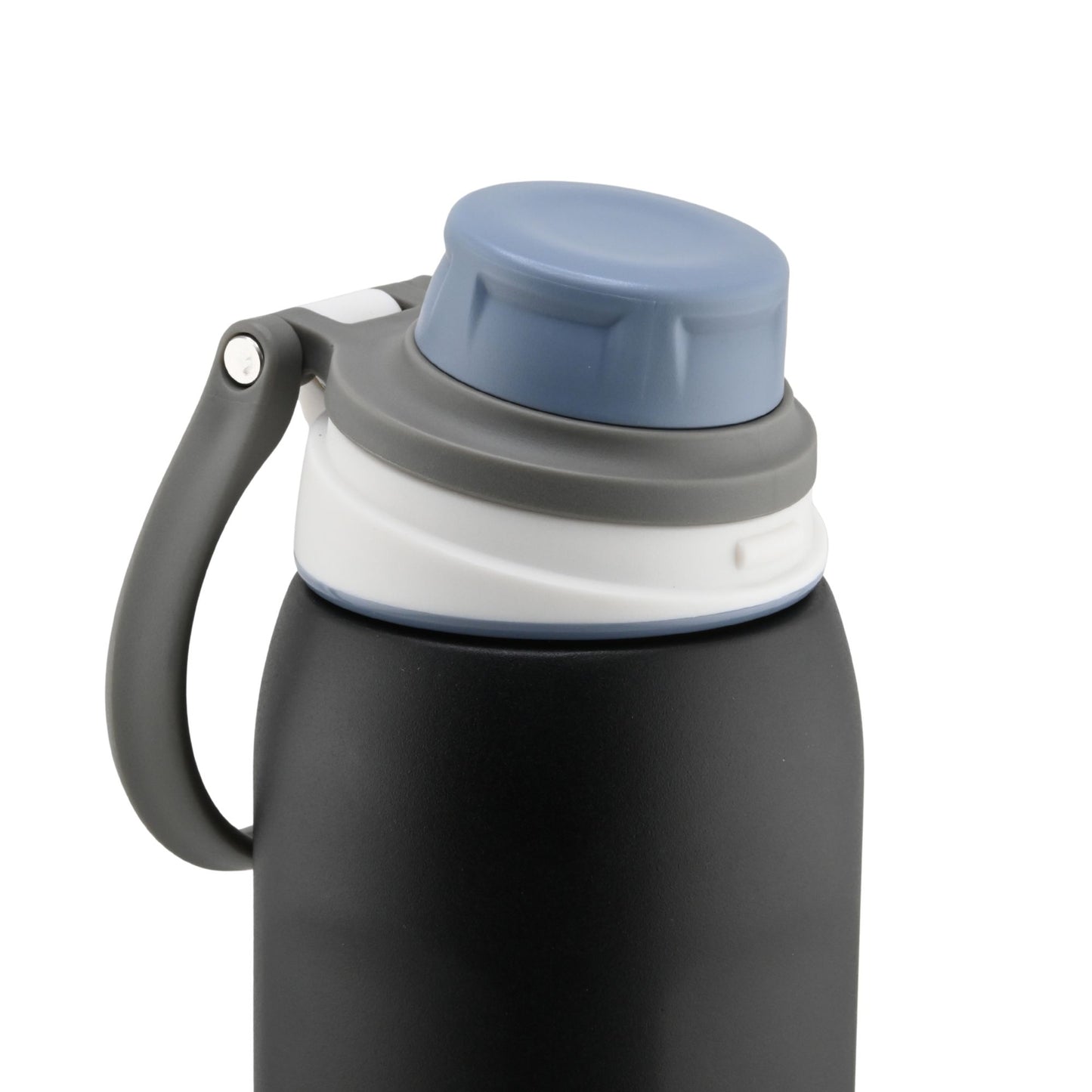 Close-up of Grosche Kamloops 24oz insulated water bottle with blue cap, gray handle, and leak-proof chug lid.