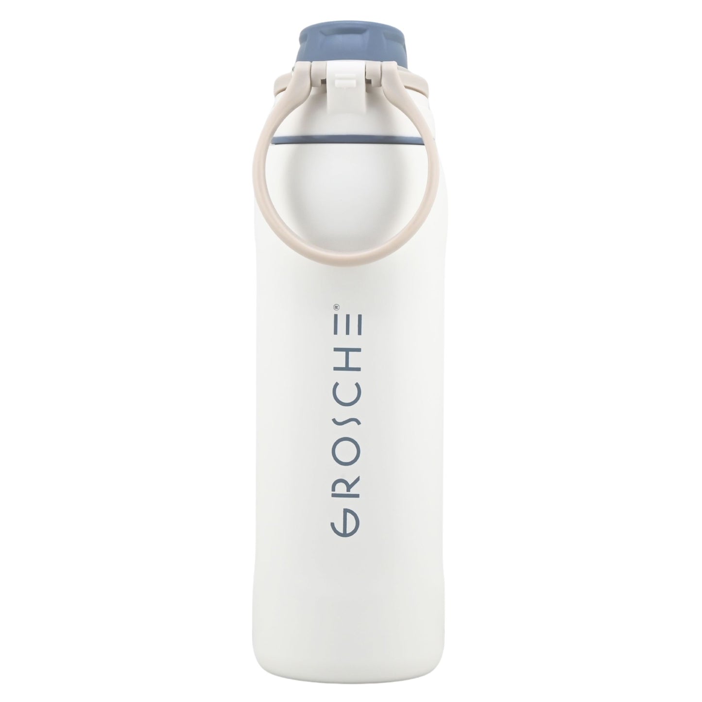 Grosche Kamloops 24oz insulated chug lid water bottle with beige handle, upright on white background.
