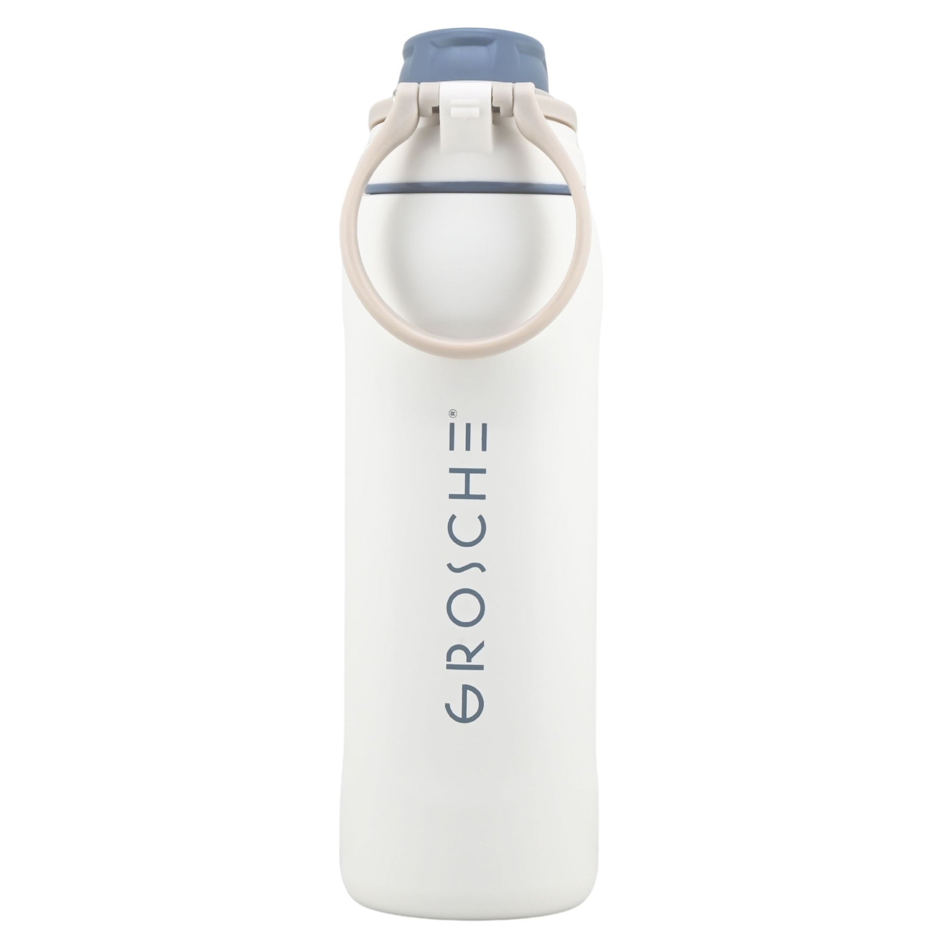 Grosche Kamloops 24oz insulated chug lid water bottle with beige handle, upright on white background.