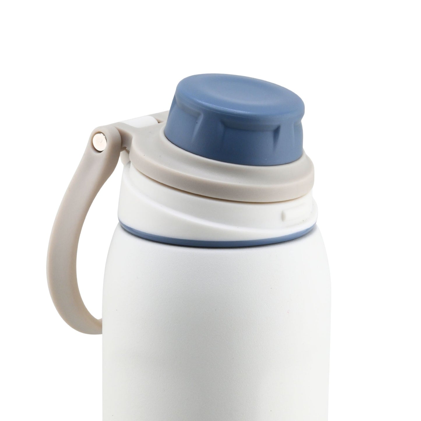 Grosche Kamloops 24oz white insulated water bottle with blue leak-proof chug lid and beige handle.