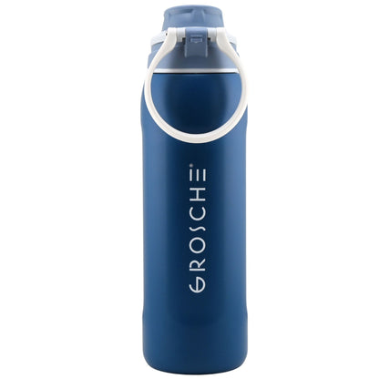 Grosche Kamloops 24oz insulated chug lid water bottle, ONLINE ONLY, with carrying handle shown on white background.