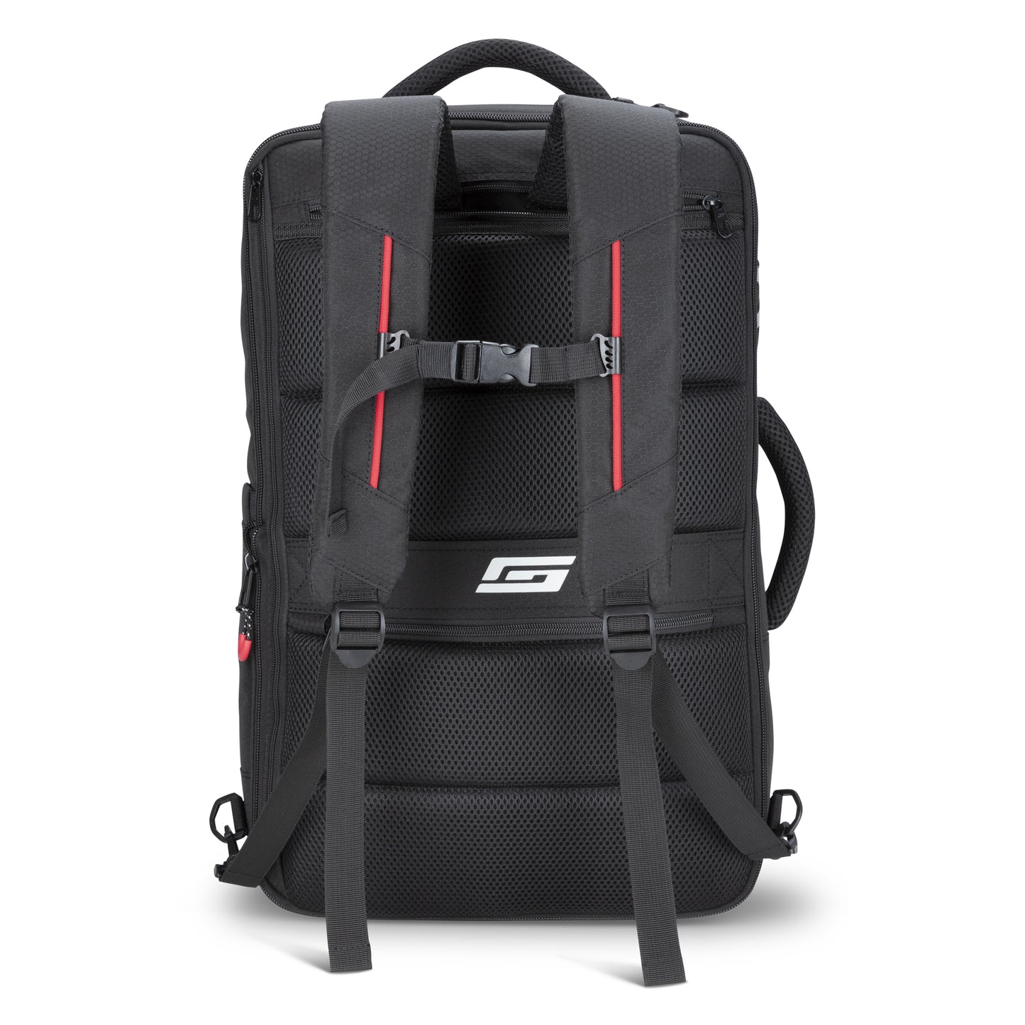 Graphite Metamorph Convertible Travel Backpack shown from the back with padded straps, chest buckle, and top handle.