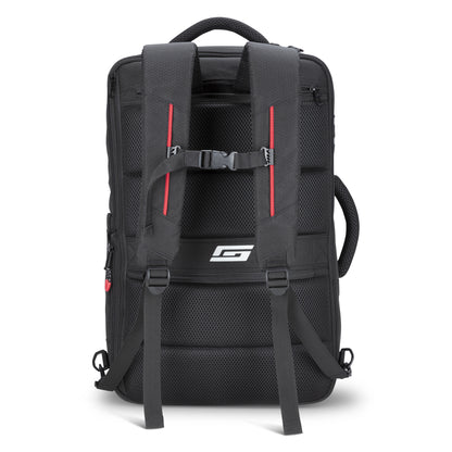 Graphite Metamorph Convertible Travel Backpack shown from the back with padded straps, chest buckle, and top handle.