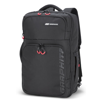 Graphite Metamorph Convertible Travel Backpack with red zipper pulls and laptop compartment.