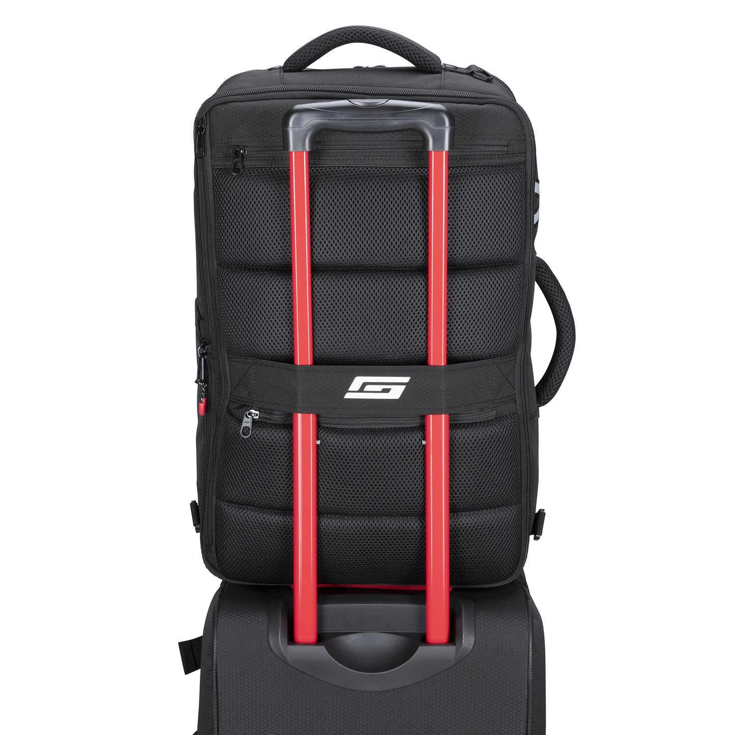A black suitcase with red handle stacked atop another, perfect with the Graphite Metamorph Convertible Backpack.