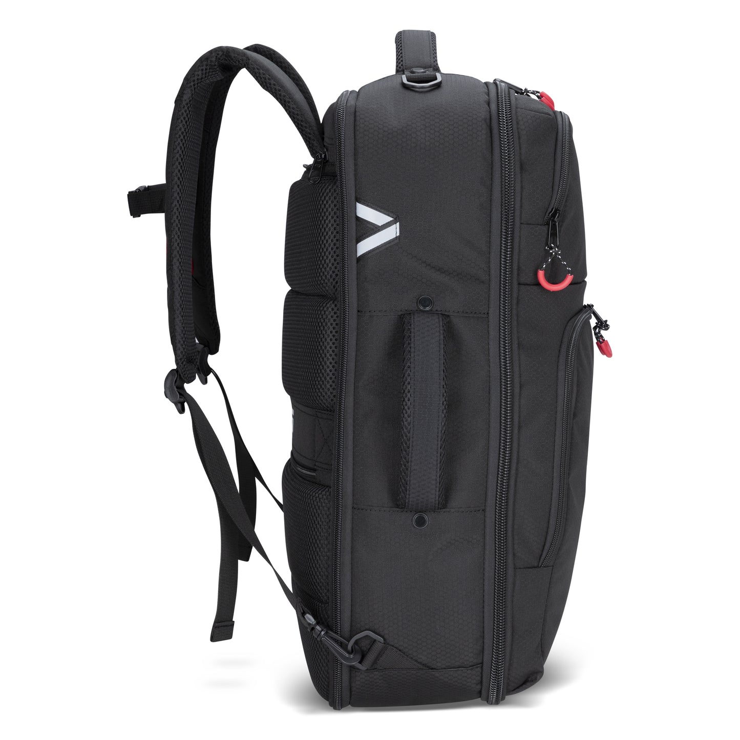 Side view of Graphite Metamorph Convertible Travel Backpack with compartments, shoulder straps, and zippers.