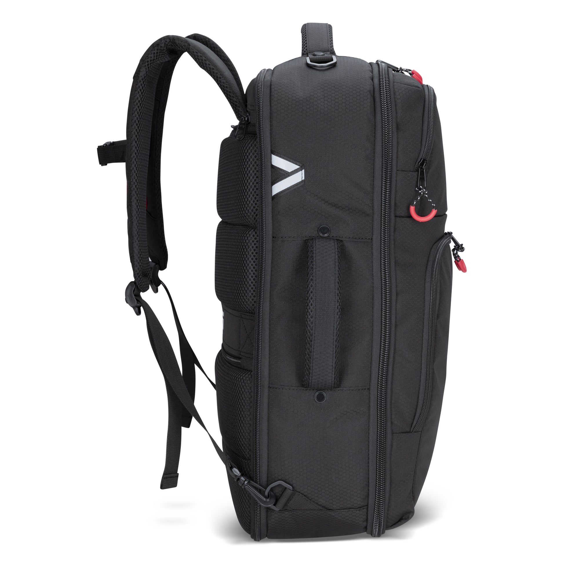 Side view of Graphite Metamorph Convertible Travel Backpack with compartments, shoulder straps, and zippers.