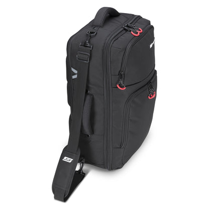 Graphite Metamorph Convertible Travel Backpack—rectangular, black, w/laptop compartment & red zipper pulls.