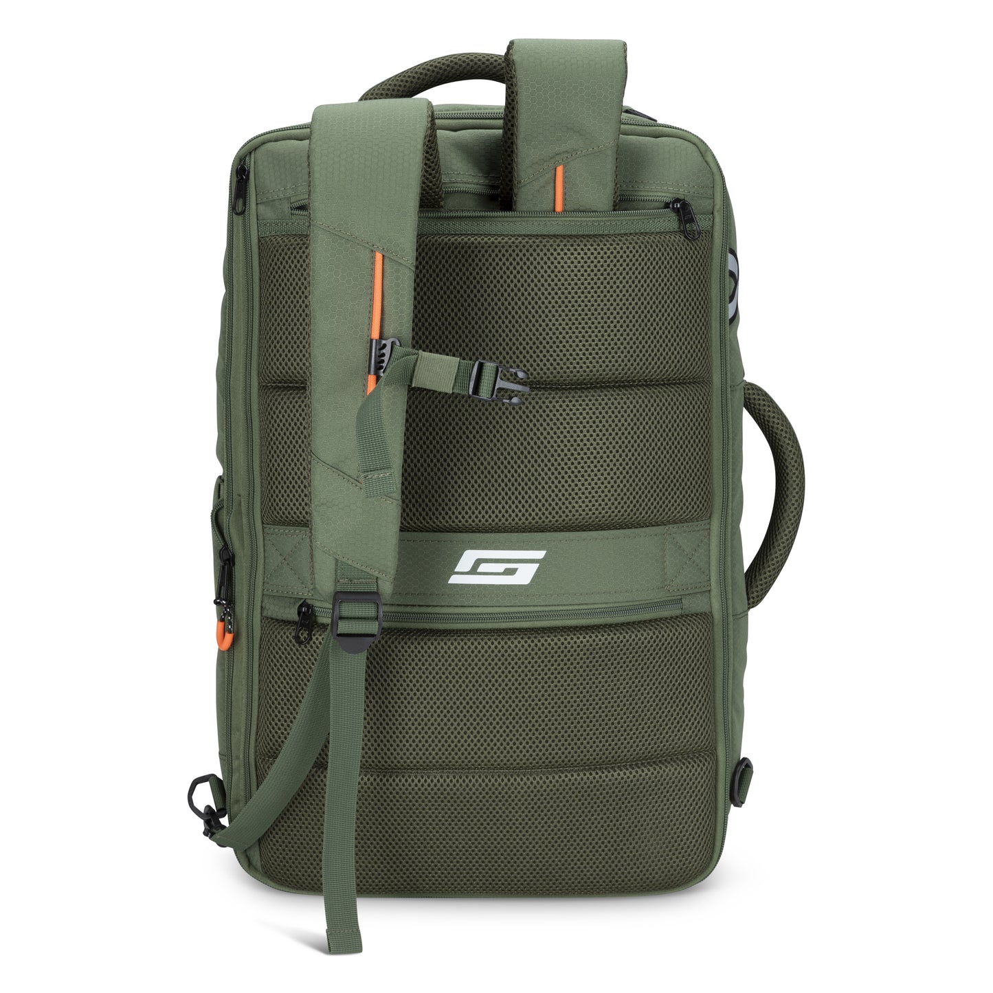 Graphite Metamorph Convertible Travel Backpack: olive green, padded straps, side handle, mesh back, laptop pocket.