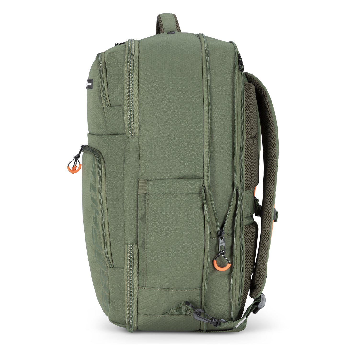 Graphite Metamorph Convertible Travel Backpack with laptop compartment, zippers & padded straps, side view.