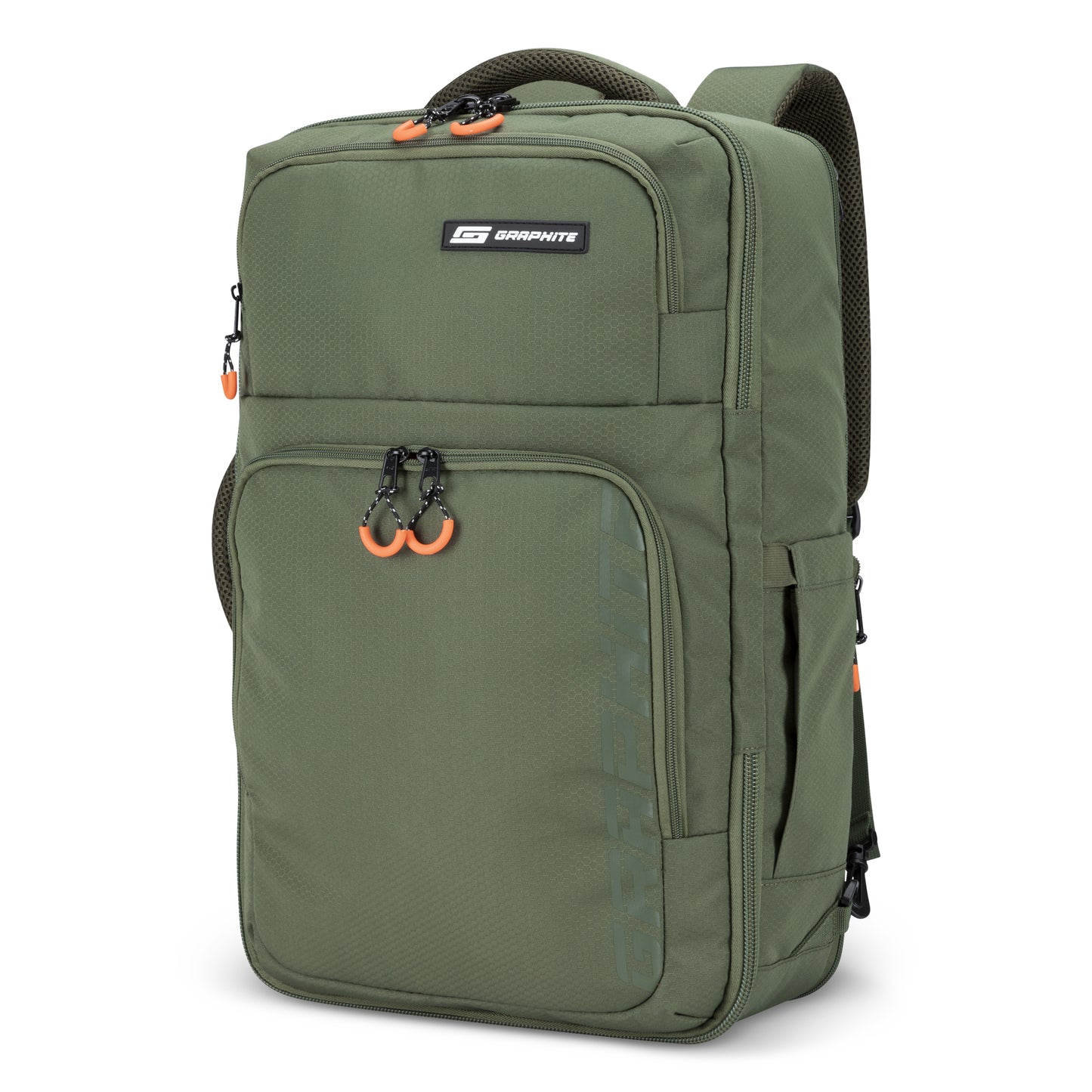 Graphite Metamorph Convertible Travel Backpack with multiple zip compartments and orange zipper pulls.