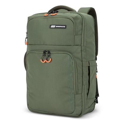 Graphite Metamorph Convertible Travel Backpack with multiple zip compartments and orange zipper pulls.