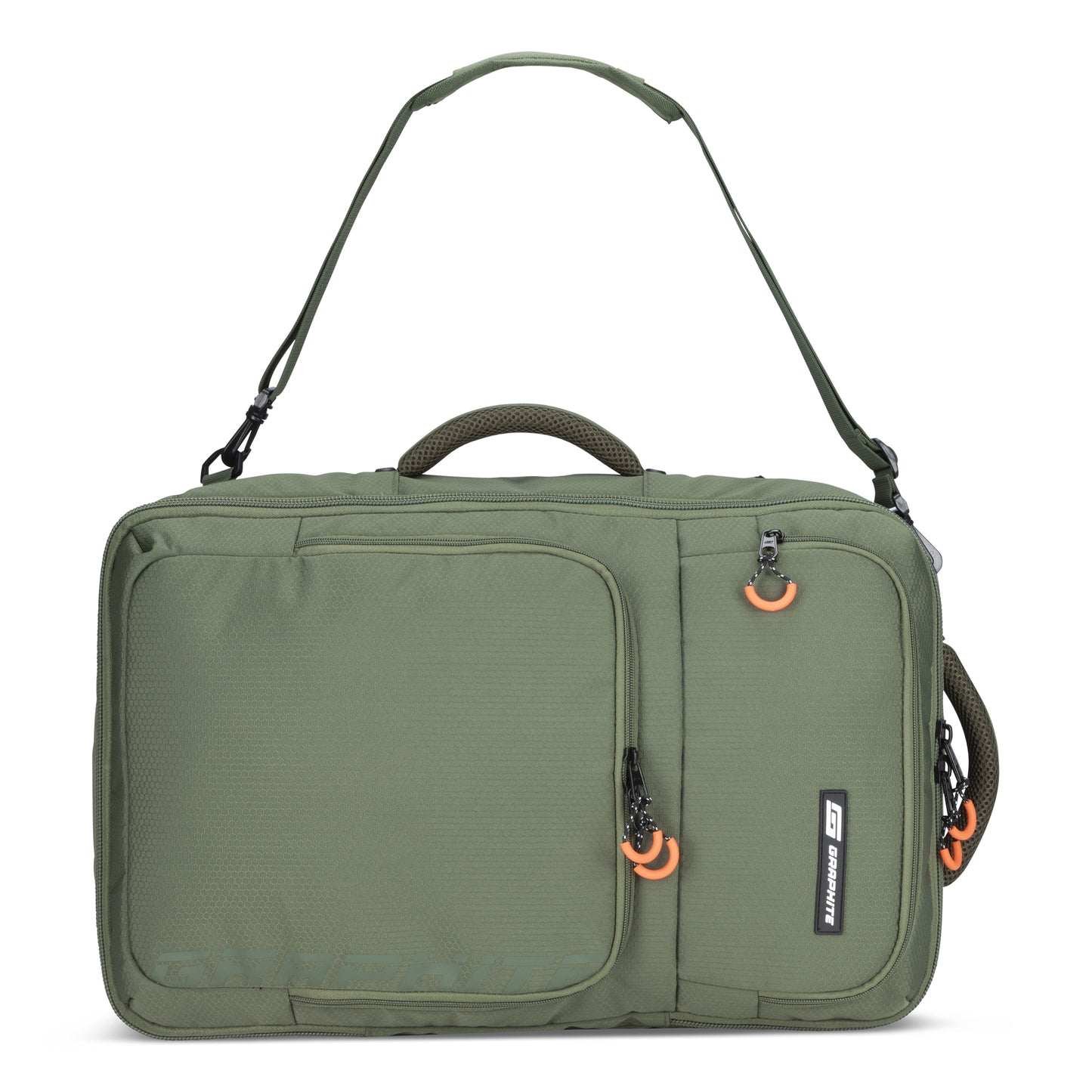 Graphite Metamorph Convertible Travel Backpack by Graphite with laptop compartment and two front zip pockets.