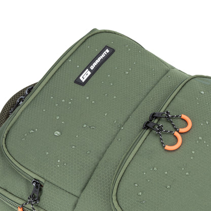 Close-up of Graphite Metamorph Convertible Travel Backpack with water droplets, black zippers, and orange pull tabs.