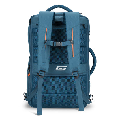 Graphite Metamorph Convertible Travel Backpack shown from the back with padded straps, chest buckle, and top handle.
