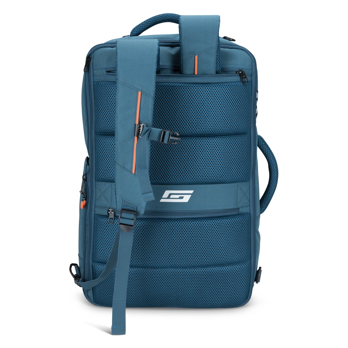 Graphite Metamorph Convertible Travel Backpack with laptop compartment, padded back, and side handle upright.