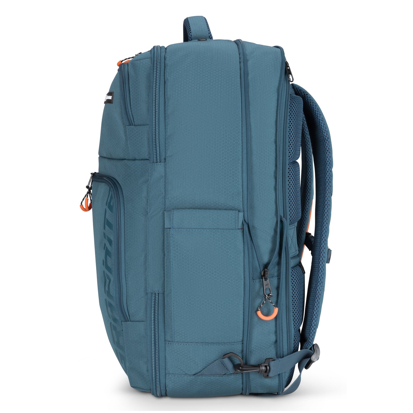 Graphite Metamorph Convertible Backpack by Graphite, side view with padded straps, laptop compartment & side pocket.