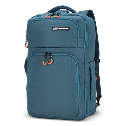Graphite Metamorph Convertible Travel Backpack with multiple zippered compartments and orange pulls for travel.