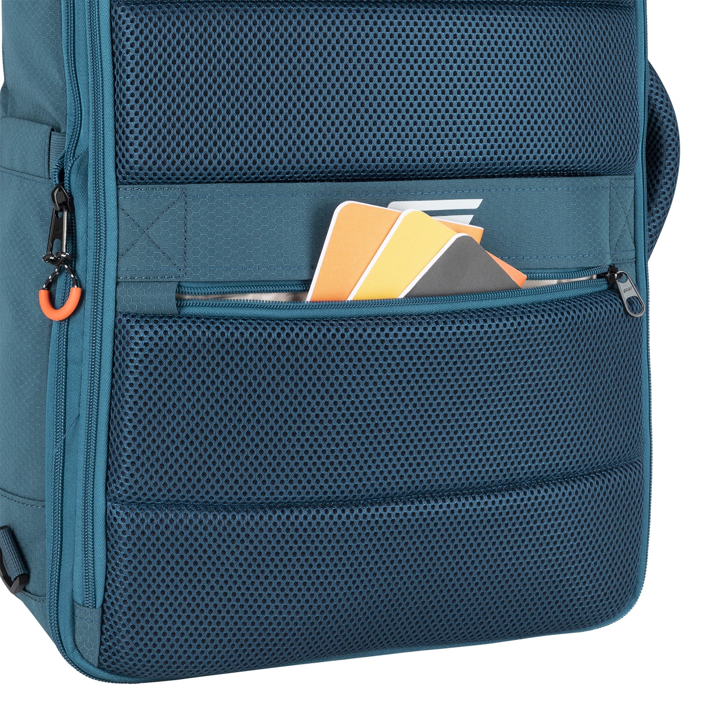 The Graphite Metamorph Convertible Travel Backpack features a front zip pocket with visible colored cards.