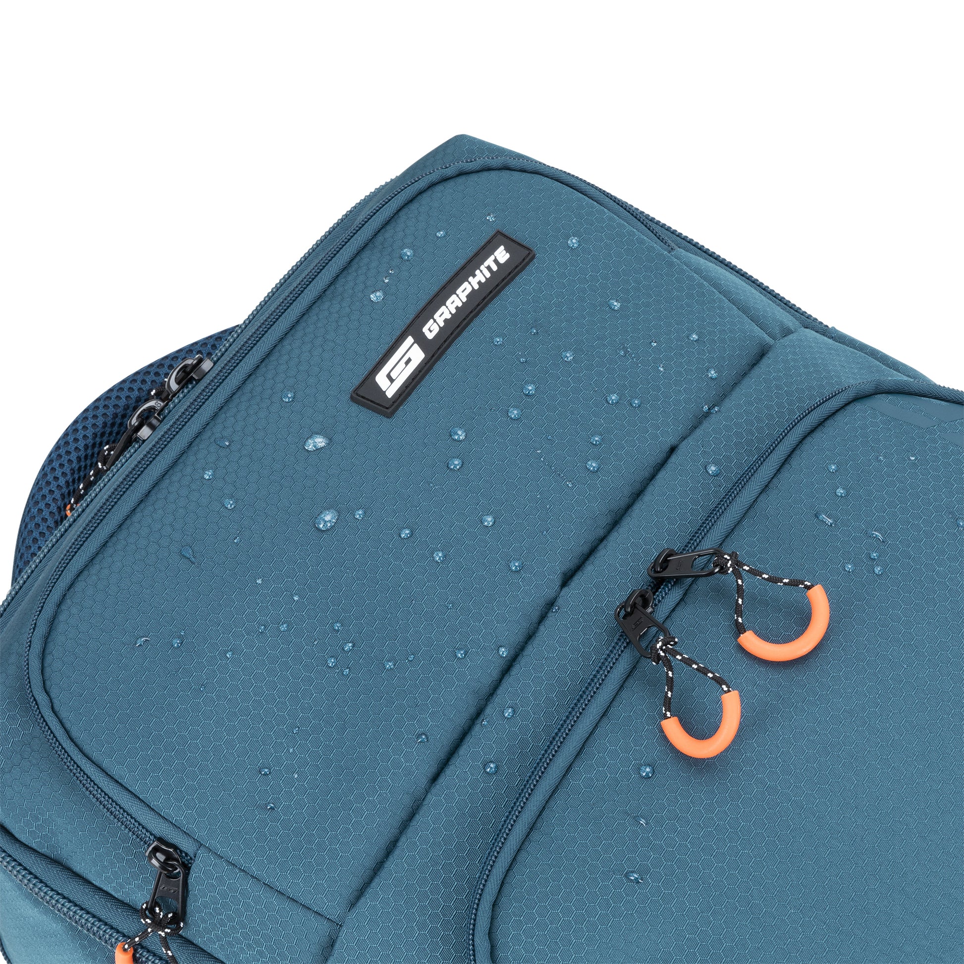Close-up of the Graphite Metamorph Convertible Travel Backpack, showcasing its water-resistant material.