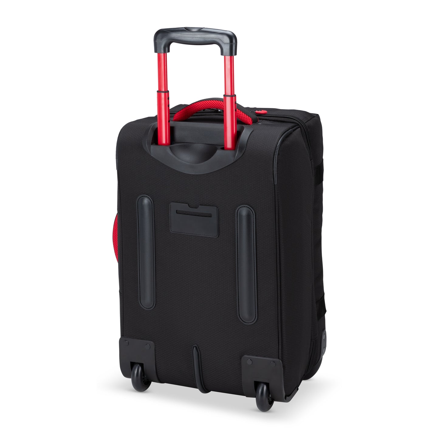 The Graphite Metamorph 21" Carry-on Wheeled Duffle by Graphite features a sleek black design with a striking red telescopic handle, making it ideal for outdoor adventures. It's water-resistant and stands upright on two wheels, providing a lightweight carry-on option. Available exclusively online.