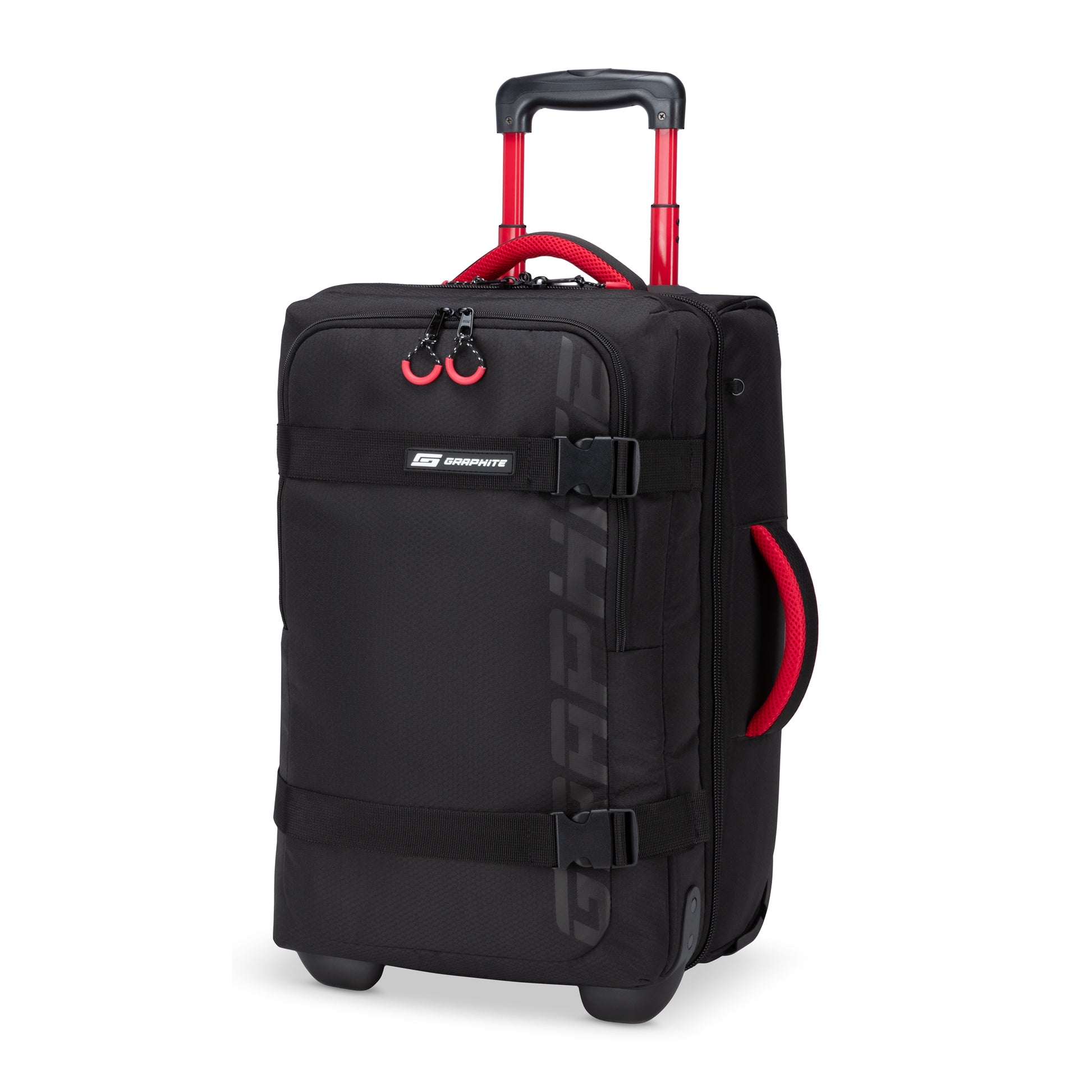 The Graphite Metamorph 21" Carry-on Wheeled Duffle - ONLINE ONLY, with its sleek black design complemented by vibrant red handles and zippers, stands out against a white background. Ideal for outdoor adventures, this lightweight carry-on is both water-resistant and durable, ensuring convenience on all your travels.