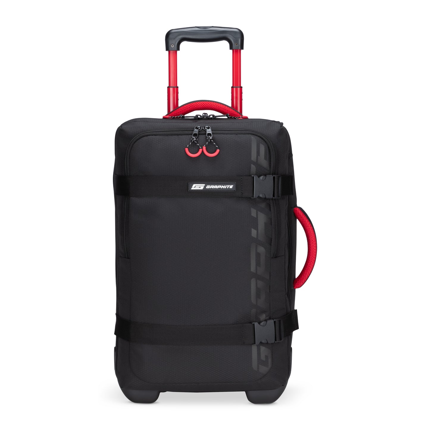 The Graphite Metamorph 21" Carry-on Wheeled Duffle - ONLINE ONLY by Graphite is a lightweight suitcase with striking black handles and zippers, featuring the brand logo on the front. It is ideal for outdoor adventures due to its water-resistant design.