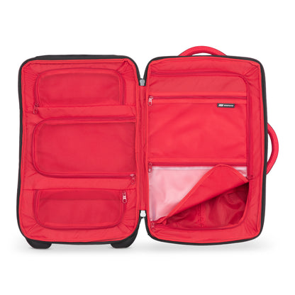 Explore the Graphite Metamorph 21" Carry-on Wheeled Duffle, featuring multiple zippered compartments and a lightweight design with a red lining, making it perfect for outdoor adventures. This product is available online only.