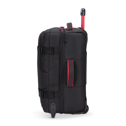 Experience the Graphite Metamorph 21" Carry-on Wheeled Duffle—ONLINE ONLY. In a striking side view, this duffle stands upright on its wheels and features vibrant red handles. Lightweight and perfect for outdoor adventures, it offers water-resistant features to keep your belongings safe and dry.