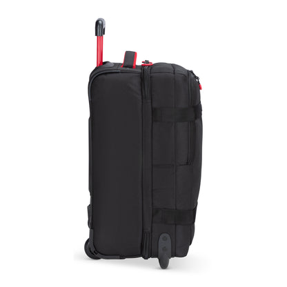 The Graphite Metamorph 21" Carry-on Wheeled Duffle, available exclusively online, features a side handle and red accents. Designed for outdoor adventures, this lightweight carry-on helps keep your essentials organized and secure. Its water-resistant material ensures durability in all conditions while maintaining style.