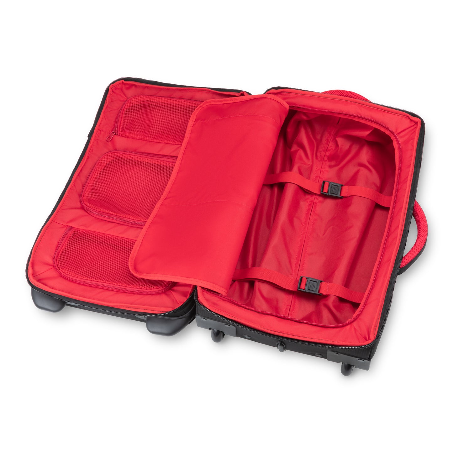 Discover the Graphite Metamorph 21" Carry-on Wheeled Duffle – ONLINE ONLY, a sleek black suitcase with a vibrant red interior. It features storage pockets and adjustable straps, ideal for outdoor adventures. Its lightweight carry-on design ensures effortless travel, while the water-resistant material provides protection in any weather condition.