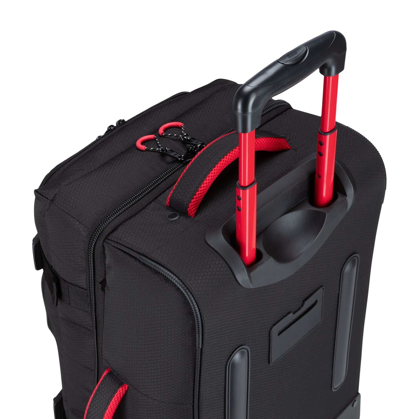 The Graphite Metamorph 21" Carry-on Wheeled Duffle, available exclusively online, is a lightweight black suitcase with red telescopic handle and zippers, perfect for outdoor adventures.