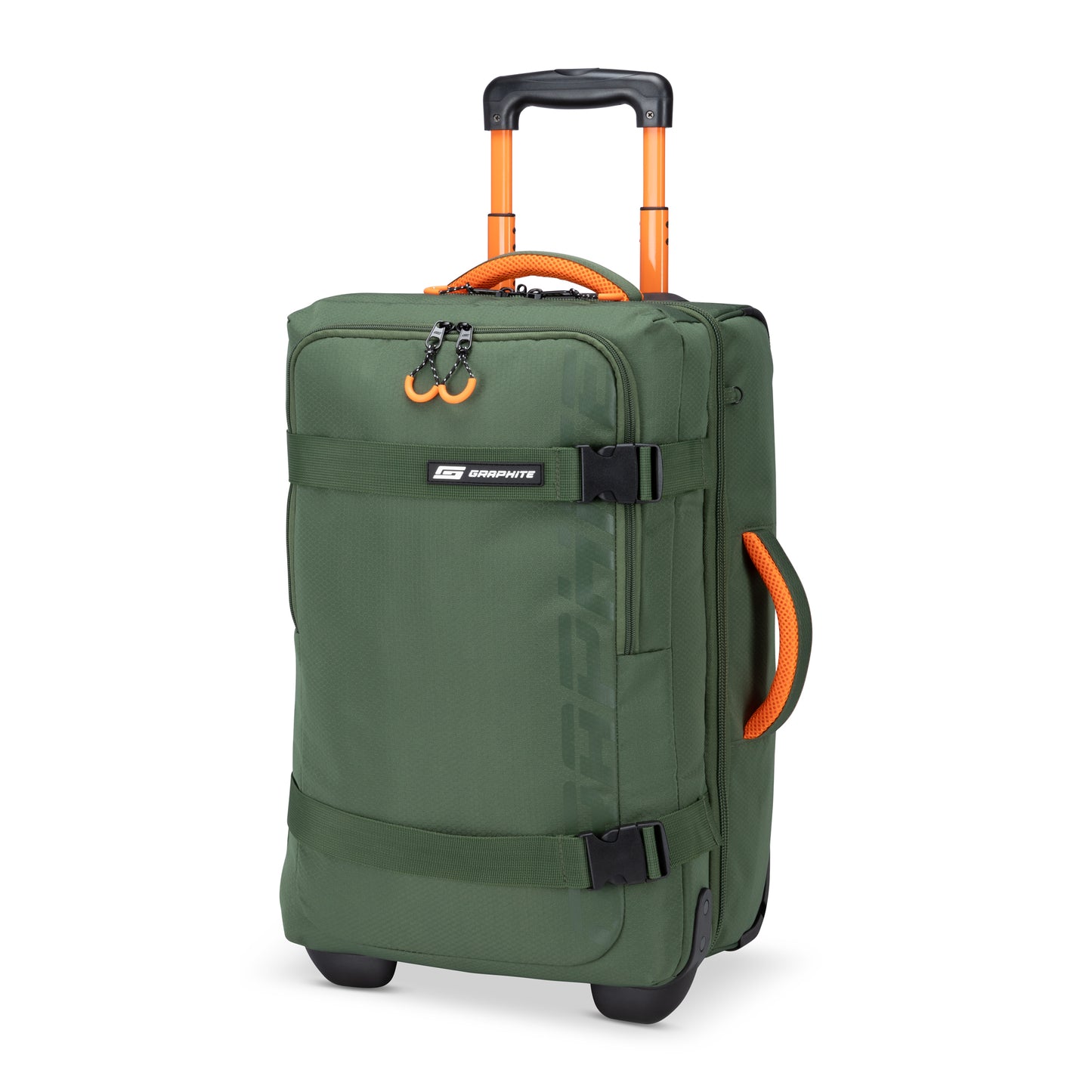 The Graphite Metamorph 21" Carry-on Wheeled Duffle, available exclusively online, is a water-resistant suitcase featuring an attractive green exterior with orange handles and a retractable pull handle, making it ideal for lightweight carry-on use during outdoor adventures.