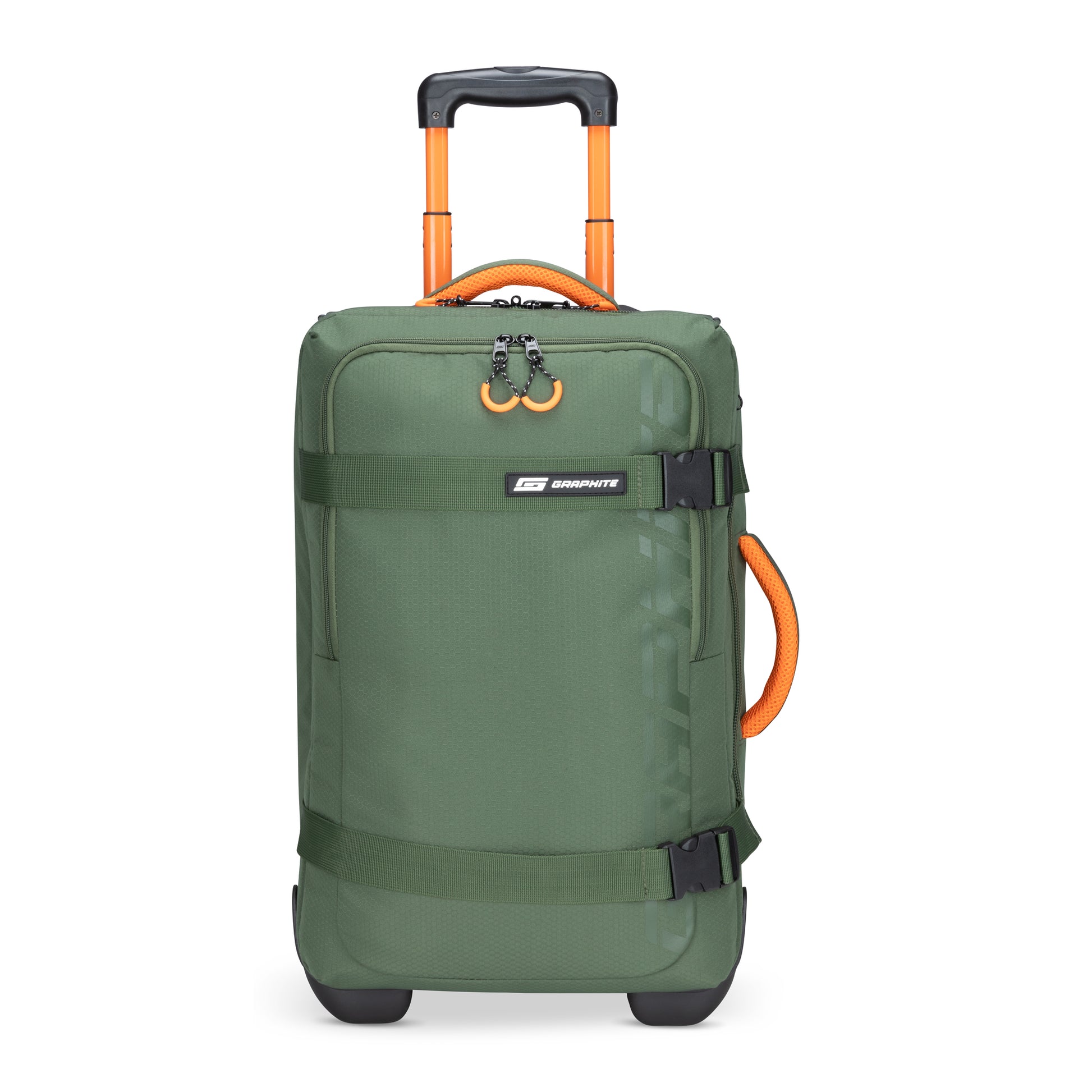 The Graphite Metamorph 21" Carry-on Wheeled Duffle - ONLINE ONLY boasts a green rolling suitcase design with orange handles, enhanced by top and side grips as well as a zippered front pocket. Perfect for outdoor adventures, it's crafted to be both stylish and practical.