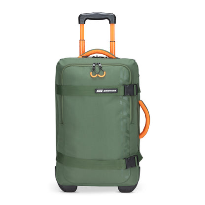 The Graphite Metamorph 21" Carry-on Wheeled Duffle - ONLINE ONLY boasts a green rolling suitcase design with orange handles, enhanced by top and side grips as well as a zippered front pocket. Perfect for outdoor adventures, it's crafted to be both stylish and practical.