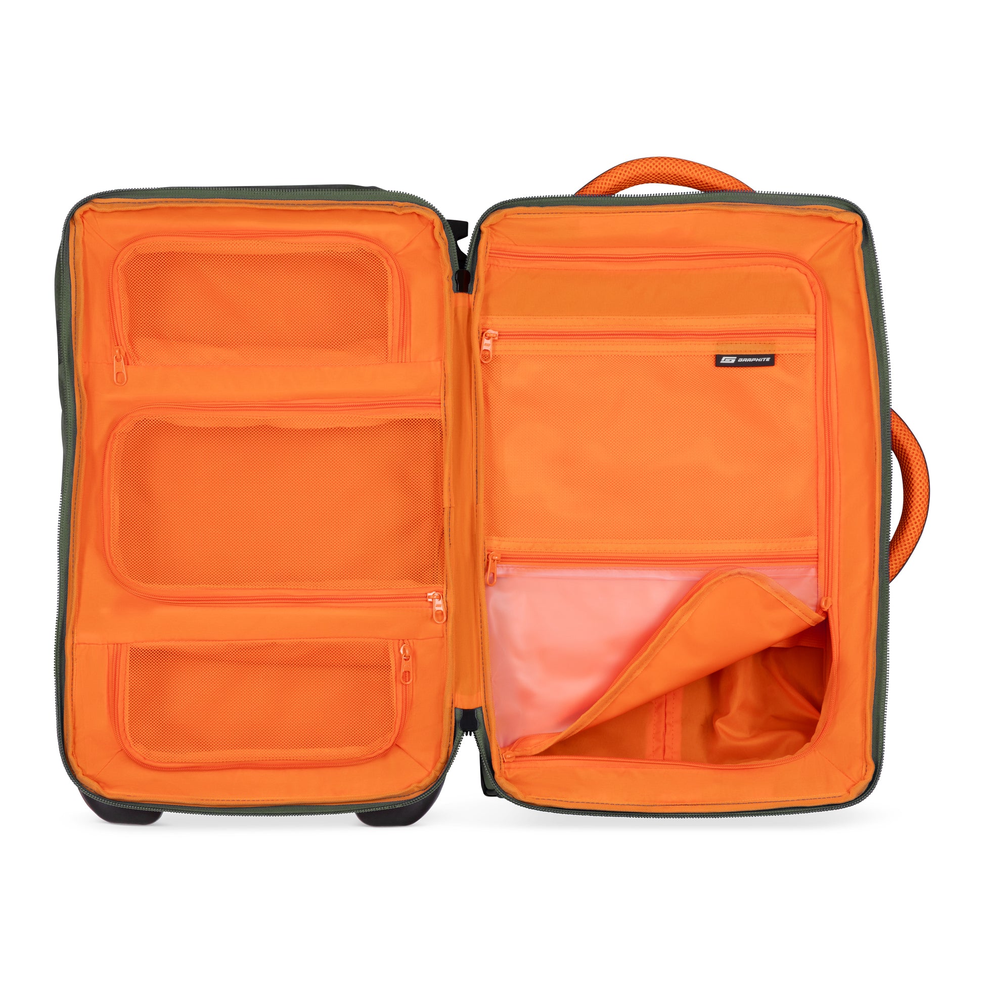 The Graphite Metamorph 21" Carry-on Wheeled Duffle, available exclusively online, features an open suitcase design with an orange interior, various zippered compartments, and a convenient orange handle on the right. Ideal for outdoor adventures, this lightweight carry-on combines style and practicality with its sleek design and water-resistant attributes.