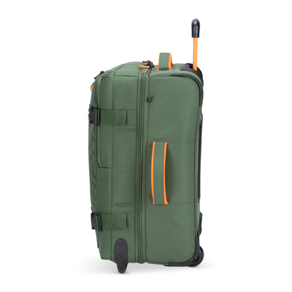 Graphite Metamorph 21" Carry-on Wheeled Duffle - ONLINE ONLY: This graphite-colored carry-on duffel, made by Graphite, boasts a lightweight design with multiple pockets and upright standing capability. It's water-resistant and ideal for outdoor adventures.