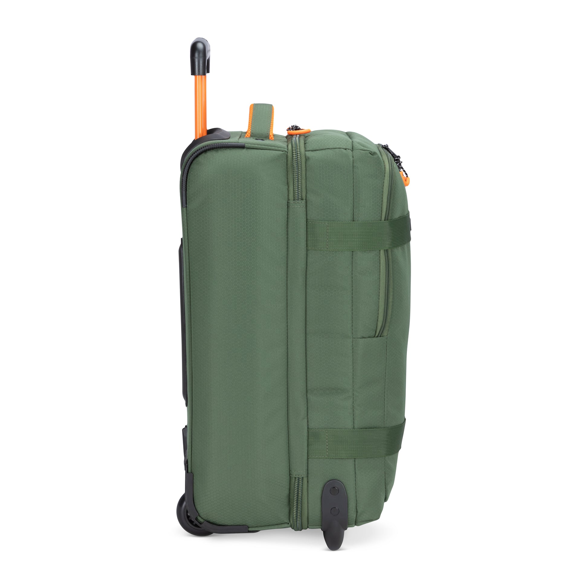 Graphite Metamorph 21" Carry-on Wheeled Duffle, available online only, shown from the side. This lightweight suitcase in green with an orange handle features wheels and a zipper, making it perfect for outdoor adventures.