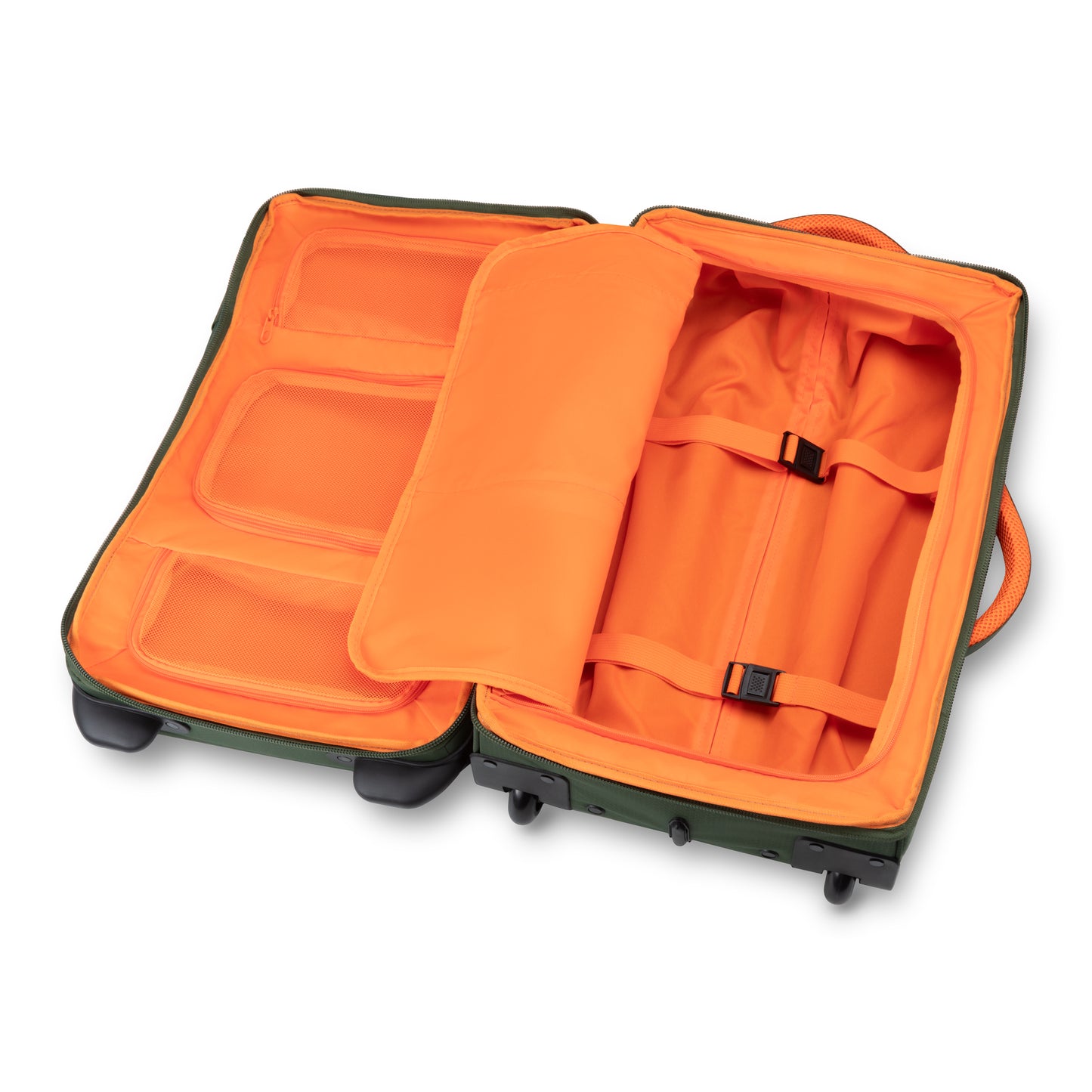 Check out the Graphite Metamorph 21" Carry-on Wheeled Duffle, available exclusively online. With internal compartments and straps, this lightweight and water-resistant orange and green suitcase is perfect for outdoor adventures or any journey.